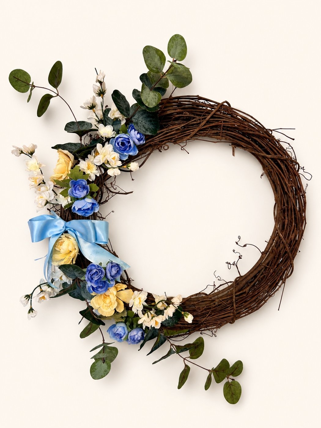 Blue Skies & Buttercups — a handmade wreath of blue and yellow blooms